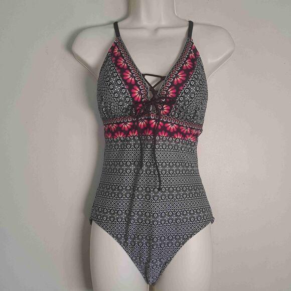 Kona Sol Black White Lace Up Front One Piece Swimsuit - Picture 2 of 12